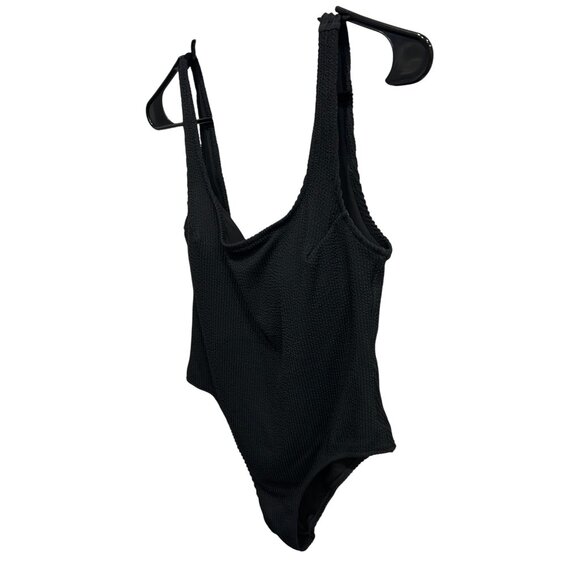 Black Textured One-Piece Swimsuit With Scoop Neck High-Cut Legs - Picture 3 of 6